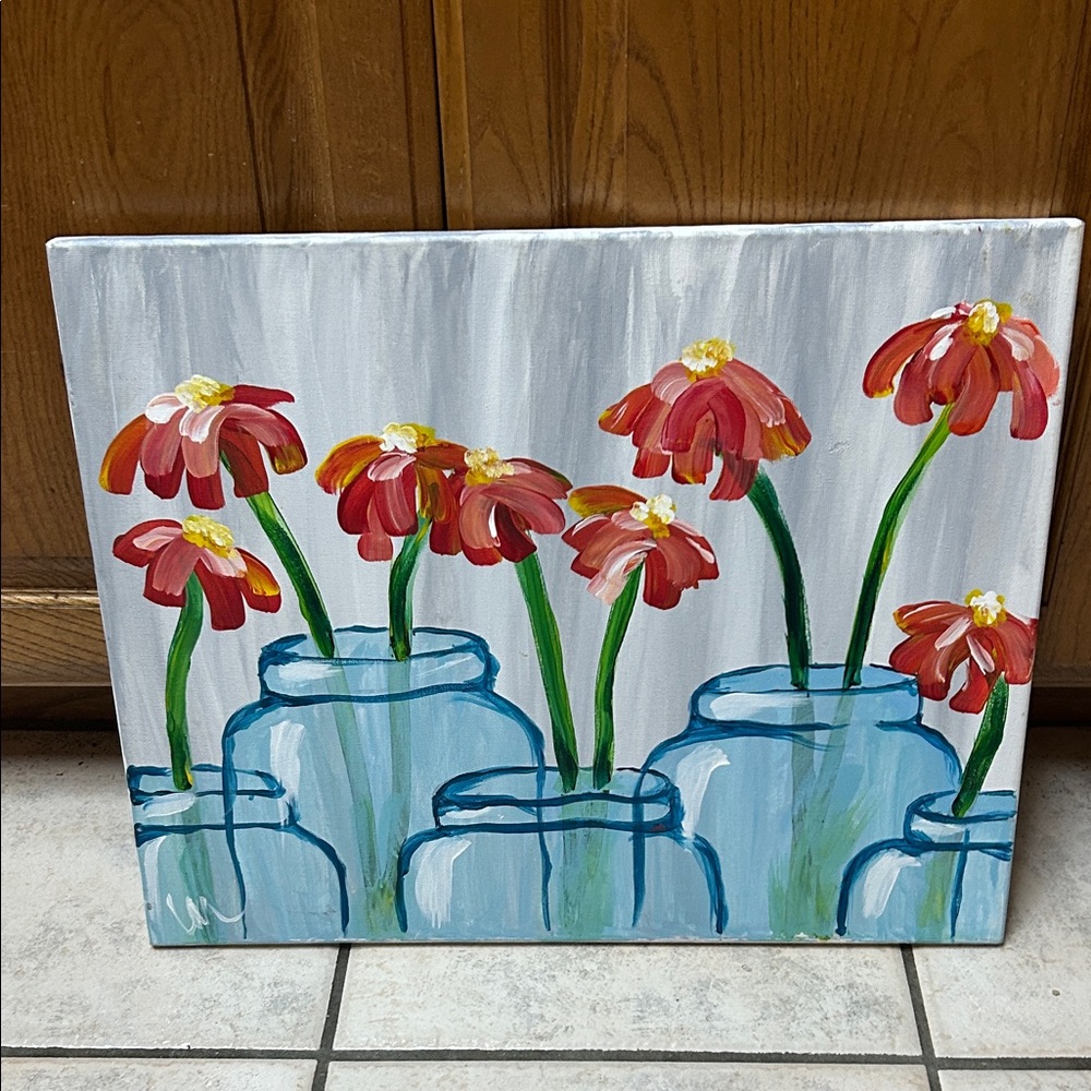 Floral Canvas Painting with Red Flowers